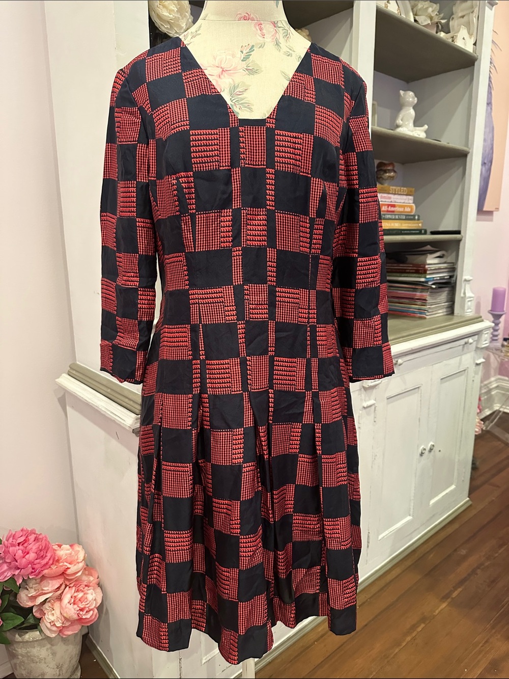 Black Fleece 1818 Silk Drop Waist Checked V-Neck Midi Dress in Navy and Red